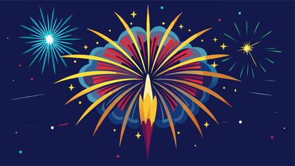 Fototapeta premium Colorful cartoon firework bursting in the night sky with stars, sparkles and vibrant trails of light