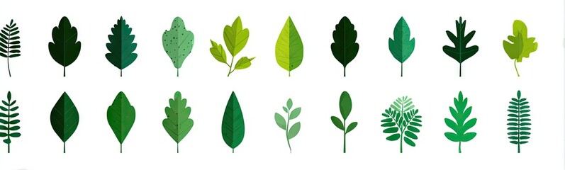 Twenty-four stylized green leaves in various shapes and shades, arranged in four rows on a white background