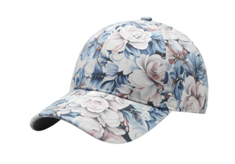 Detailed View of a White Baseball Cap with an AllOver Floral and Abstract Print isolated on transparent background