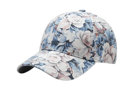 Detailed View of a White Baseball Cap with an AllOver Floral and Abstract Print isolated on transparent background