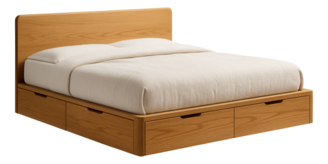 A platform bed with built-in drawers underneath, offering storage solutions for a small apartment bedroom.