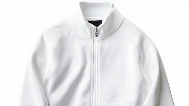A white jacket hangs on a clothes rack in a minimalist setting, ready for use or display