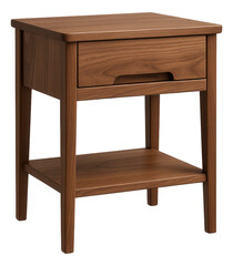 A bedside table with a single drawer and open shelf, crafted from walnut wood for a cottage bedroom.
