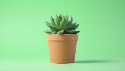 Succulent plant in a terracotta pot against a vibrant green background