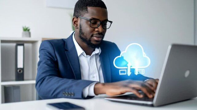 Businessman working on laptop with cloud computing graphic overlay