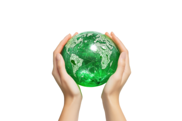 Hands gently cradling a green globe surrounded by leaves to celebrate Earth Day and promote environmental awareness