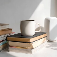 Fototapeta premium A white mug sits atop a stack of books, bathed in sunlight near a white device; a quiet, studious scene