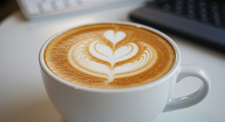 Beautiful latte art in a white mug, symbolizing a moment of warmth and relaxation during work.

