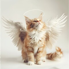Adorable ginger cat with angel wings and halo posing against a plain light background for a cute heavenly or fantasy themed animal illustration or concept art