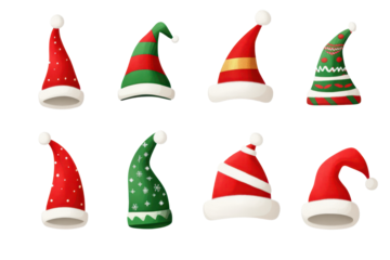 Variety of colorful elf hats for Christmas holiday celebrations isolated on white background ready for festive fun and joy