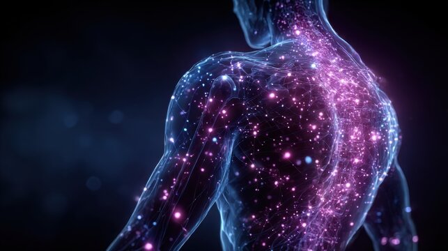 Human form illuminated by vibrant energy patterns against a dark background showcasing the connection between body and cosmos