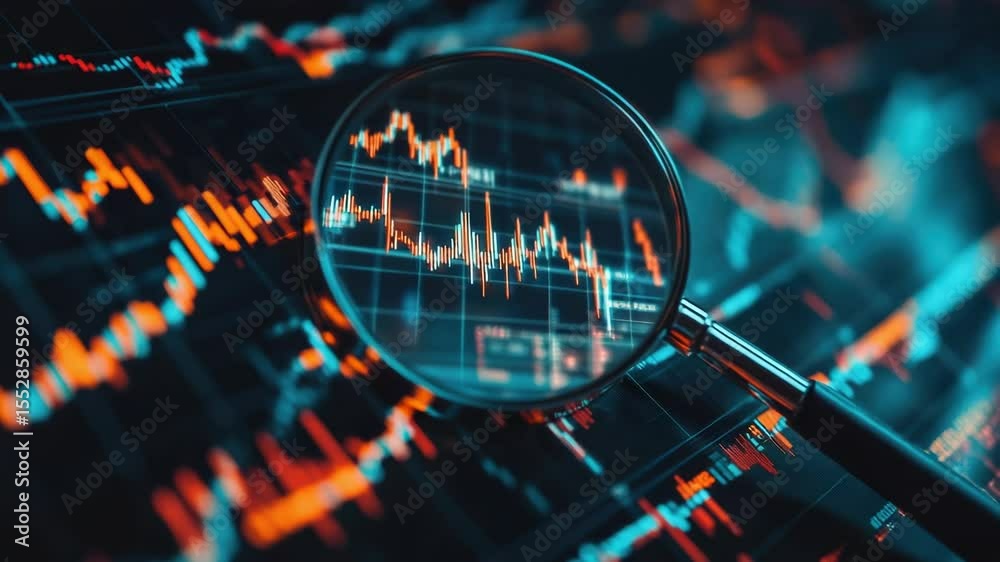 Poster A close-up of a magnifying glass analyzing financial data on a stock chart, useful for presentations and reports