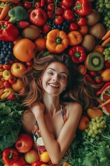 Young woman dressed in a dress lies among vegetables and fruits. Vegetarian food concept. Generative AI.
