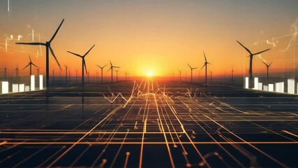 Wind turbines and digital network connection at sunset for futuristic energy - Powered by Adobe
