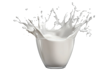 Full length milk splash captured in transparent glass with clear background highlighting the fluid dynamics and texture of the milk at peak moment of motion