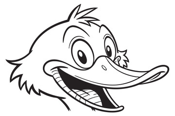 Animated duck head enthusiastically smiles showing its teeth in a cheerful black and white outline