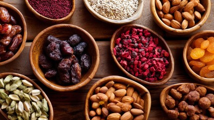 Wooden bowls filled with dried fruits and nuts in top view arrangement for healthy snack concept