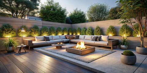 Obraz premium Serene Outdoor Patio with Modern Sectional Sofa and Fire Pit Featuring Ambient Lighting and Lush Greenery