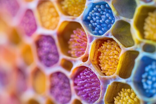 Close-up of a honeycomb with vibrant pollen in various colors, showcasing the intricate hexagonal structure.