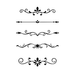 Vector dividers calligraphic line element.Set of Black Hand Drawn Rustic Doodle Design Elements. Decorative Floral Swirls, Scrolls, Text Frames, Dividers. Vintage Vector Illustration. 
