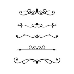 Vector dividers calligraphic line element.Set of Black Hand Drawn Rustic Doodle Design Elements. Decorative Floral Swirls, Scrolls, Text Frames, Dividers. Vintage Vector Illustration. 
