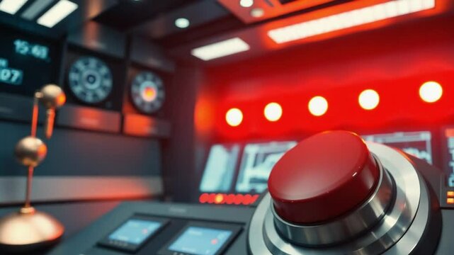 cinematic video of a man's hand in a suit pressing a large red button in a high-tech control room