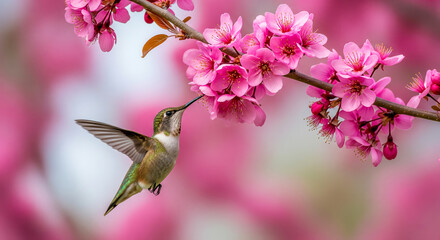 Hummingbird Feeding On Vibrant Pink Blossoms