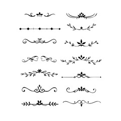 Vector dividers calligraphic line element.Set of Black Hand Drawn Rustic Doodle Design Elements. Decorative Floral Swirls, Scrolls, Text Frames, Dividers. Vintage Vector Illustration. 
