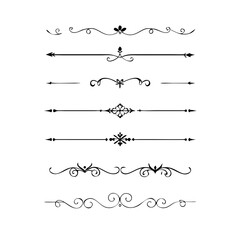 Vector dividers calligraphic line element.Set of Black Hand Drawn Rustic Doodle Design Elements. Decorative Floral Swirls, Scrolls, Text Frames, Dividers. Vintage Vector Illustration. 
