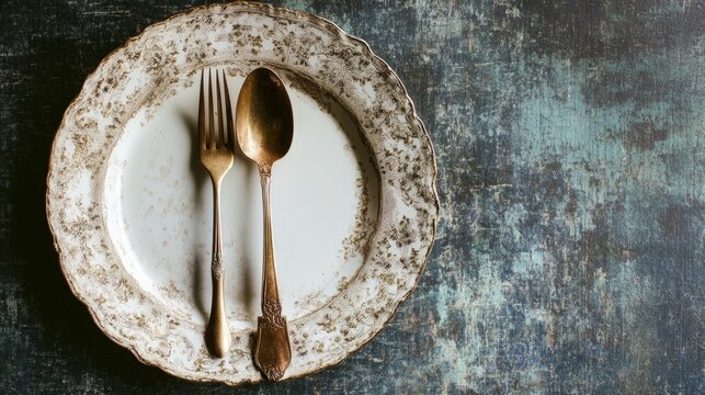 Vintage dinner plate and cutlery on distressed surface for rustic table setting and culinary food background scene