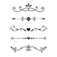 Text dividers doodle set. Wedding decorative elements. Divider ornament, borders, vintage line separators. Hand drawn vector illustration isolated on white background
