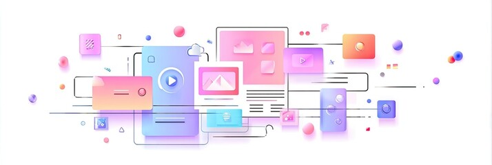 Abstract digital illustration featuring interconnected pastel-colored shapes, symbolizing online content, data flow, and media integration