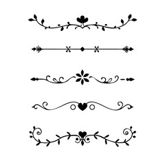Text dividers doodle set. Wedding decorative elements. Divider ornament, borders, vintage line separators. Hand drawn vector illustration isolated on white background
