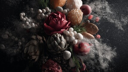 Dark floral composition with moody bouquet and powder texture for romantic vintage flower photography concept background scene