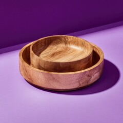 Two light-brown wooden bowls, nested, on a purple background, cast shadows