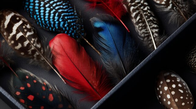 Bright colorful feathers in black shadow box for nature collection decorative texture and exotic bird design background