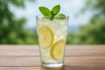 Fototapeta premium A glass of lemonade with lemon slices and mint on a wooden table top