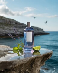 A clear glass bottle of blue perfume sits on a wet stone ledge with lavender and mint beside a slice of lime overlooking the ocean