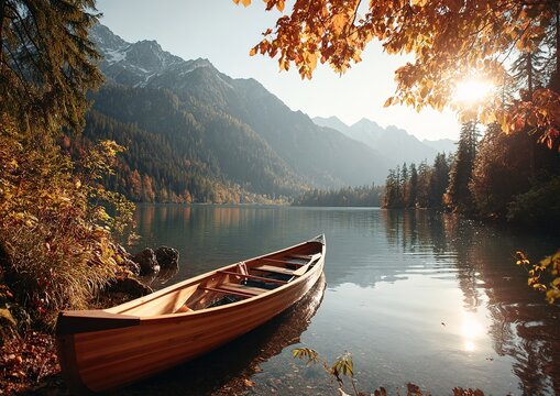 Canoe on calm autumn lake with orange-red trees, sunrise over misty mountains in soft morning light.