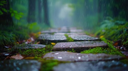 Fototapeta premium Rain-soaked stone path in a misty forest
