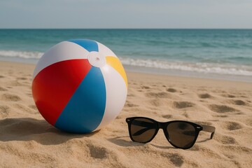 Obraz premium Beach ball and sunglasses on sand near ocean on a bright sunny day