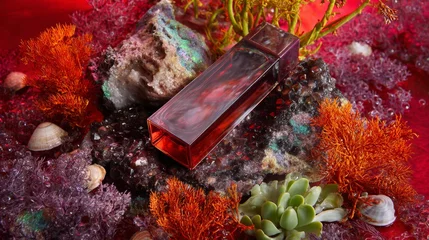 Fotobehang Meisjeskamer Red perfume bottle on vibrant floral background with moss rocks and fantasy nature inspired beauty photography scene  © Juan