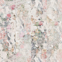 Wallpaper pattern made of cement, stone or marble grunge and some flower or geometries.