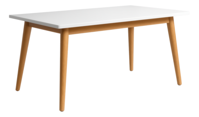 A white lacquered dining table that brightens up a Scandinavian-style kitchen.