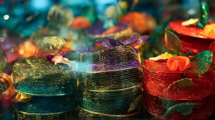 Fototapeta premium Colorful translucent candy jelly cubes stacked in artistic arrangement with reflections and vivid candy photography scene