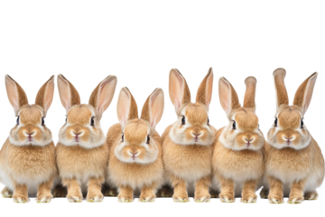 Group of standing rabbits on their hind legs in a studio setting during a bright, sunny day