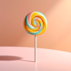 A single colorful lollipop standing upright on a pastel surface, captured in dramatic close-up with shallow depth of field, soft backlighting, and a clean minimal background, ultra-detailed