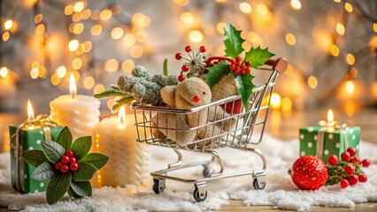 Miniature Shopping Cart Filled with Festive Holiday Decor and Gifts, Surrounded by Candles and Sparkling Lights