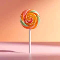 A single colorful lollipop standing upright on a pastel surface, captured in dramatic close-up with shallow depth of field, soft backlighting, and a clean minimal background, ultra-detailed