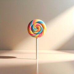 A single colorful lollipop standing upright on a pastel surface, captured in dramatic close-up with shallow depth of field, soft backlighting, and a clean minimal background, ultra-detailed